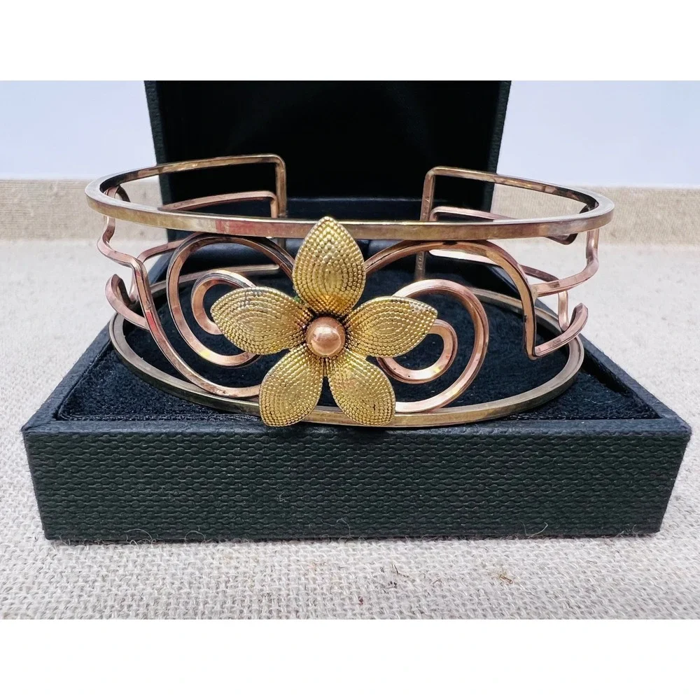 Vintage Krementz Rose Yellow Gold Overlay Flower Filigree Cuff Bracelet